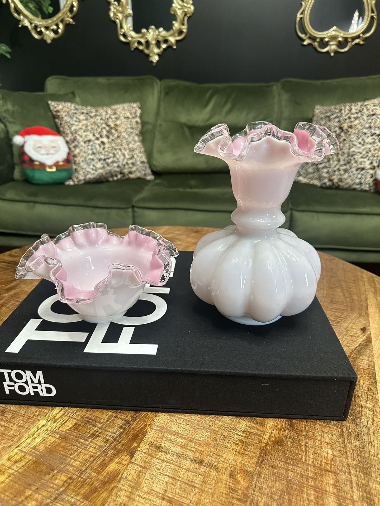 Vintage Fenton Milk Glass Pink Interior Beaded Vase & Bowl❤️ Ruffle Ribbon Edge No Chips/No Cracks Vase has green floral foam on the bottom Vase: 8
