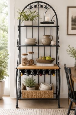 Vintage Wrought Iron Bakers Rack Wine Storage Shelf