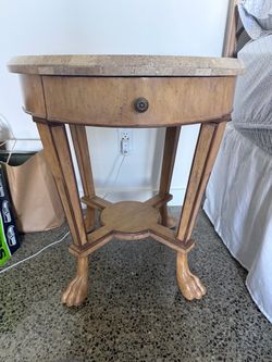 Round Wood Side Table with Stone Top