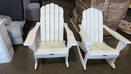 4-in-1 Adirondack Rocking Chair Set of 2, HDPE, Footrest, White Adjustable Backrest, Weather Resistant, Foldable Wood-Grain Heavy-Duty Outdoor Adirond