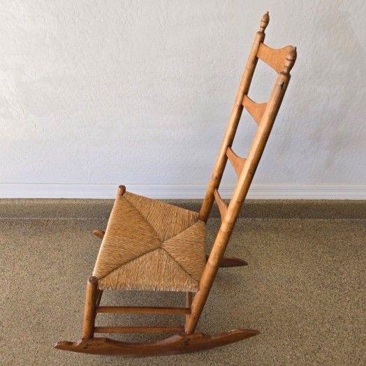 Vintage 1950s Ladder Back Rush Seat Rocking Chair Farmhouse Rustic Wood Rocker