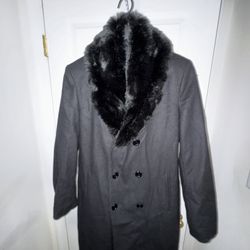 BoohooMAN Men's Double Breasted Faux Fur Collar Overcoat - Size S - Worn Once
