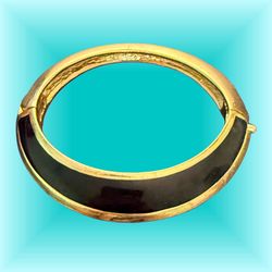 Lanvin Paris 1970s Modernist Black Gold Hinged Bangle Bracelet, 3x2”