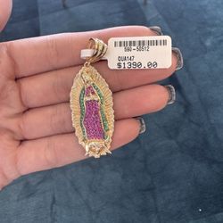 14K VIRGIN GUADALUPE MULTI COLORED CZ STONE PENDANT 