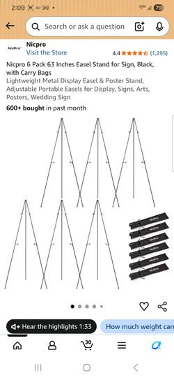 6 Pack 63 Inches Easel Stand for Sign, Black with Carry Bags
Lightweight Metal Display Easel & Poster Stand Adjustable Portable Easels for Display, Si