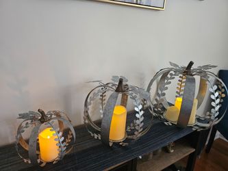 $50.00 - Farmhouse/Country Lighted Pumpkins Accents!  Interior/Porch Decor!  Galvanized Metal/Includes Batteries!