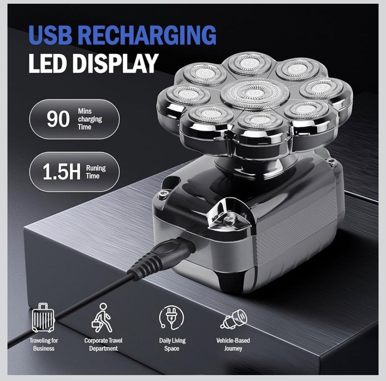 9D Head Shavers for Bald Men, 5-in-1 Electric Rotary Shavers, Upgraded Removable Razor Heads,