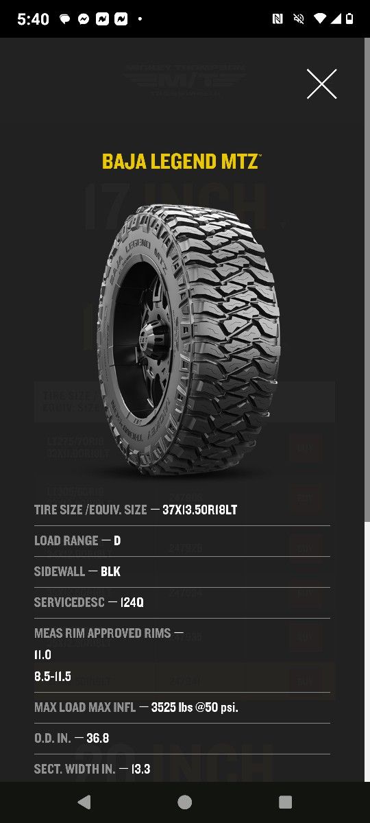 MICKEY THOMPSON BAJA LEGEND MTZ 37X13. 50R18 5 TOTAL USED