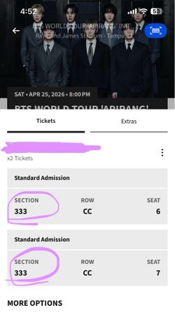 2 BTS Concert Tickets (Saturday) – Ticketmaster Transfer 💜