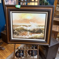 Vintage Signed Waves Crashing Painting on Canvas