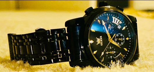 OLEVS Men's Luxury Watch - Black Stainless Steel, Moon Phase & Chronograph - NEW