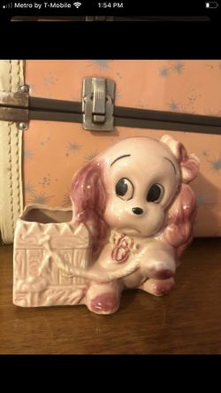 Ceramic vintage puppy dog planter pink purple retro