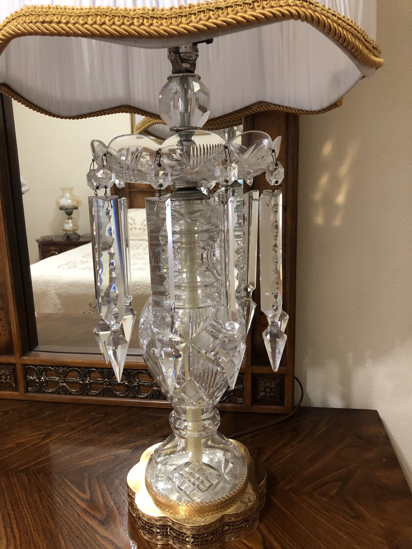 Large Antique Crystal Table Lamp with Hanging Prisms