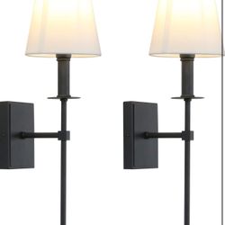 Set of 2 Industrial Wall Sconce Lighting with Flared White Textile Lamp Shade