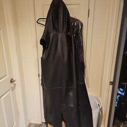 Black handmade leather hooded trench vest XL