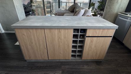 Grey Modern Kitchen Island with Concrete-look Finish and Wood Cabinets