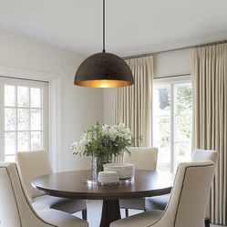 Farmhouse Pendant Light,Black with Brown Grain Industrial Dome Chandelier,Adjustable Vintage Pendant Lights Kitchen Island for Dining Room,Bedroom,Hal