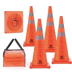 28 Inch 4 Pack Collapsible Traffic Safety Cones, Multi Purpose Pop-up Cones with Reflective Collar