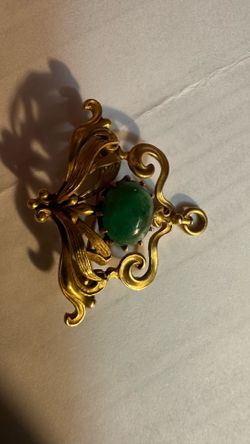 14k Yellow Gold 1950 Art Nouveau Green Turquoise Pendant Brooch