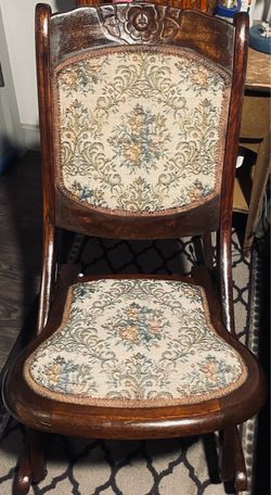 Antique VTG Folding Wood Rocking Chair Victorian Floral Tapestry Carved Accents