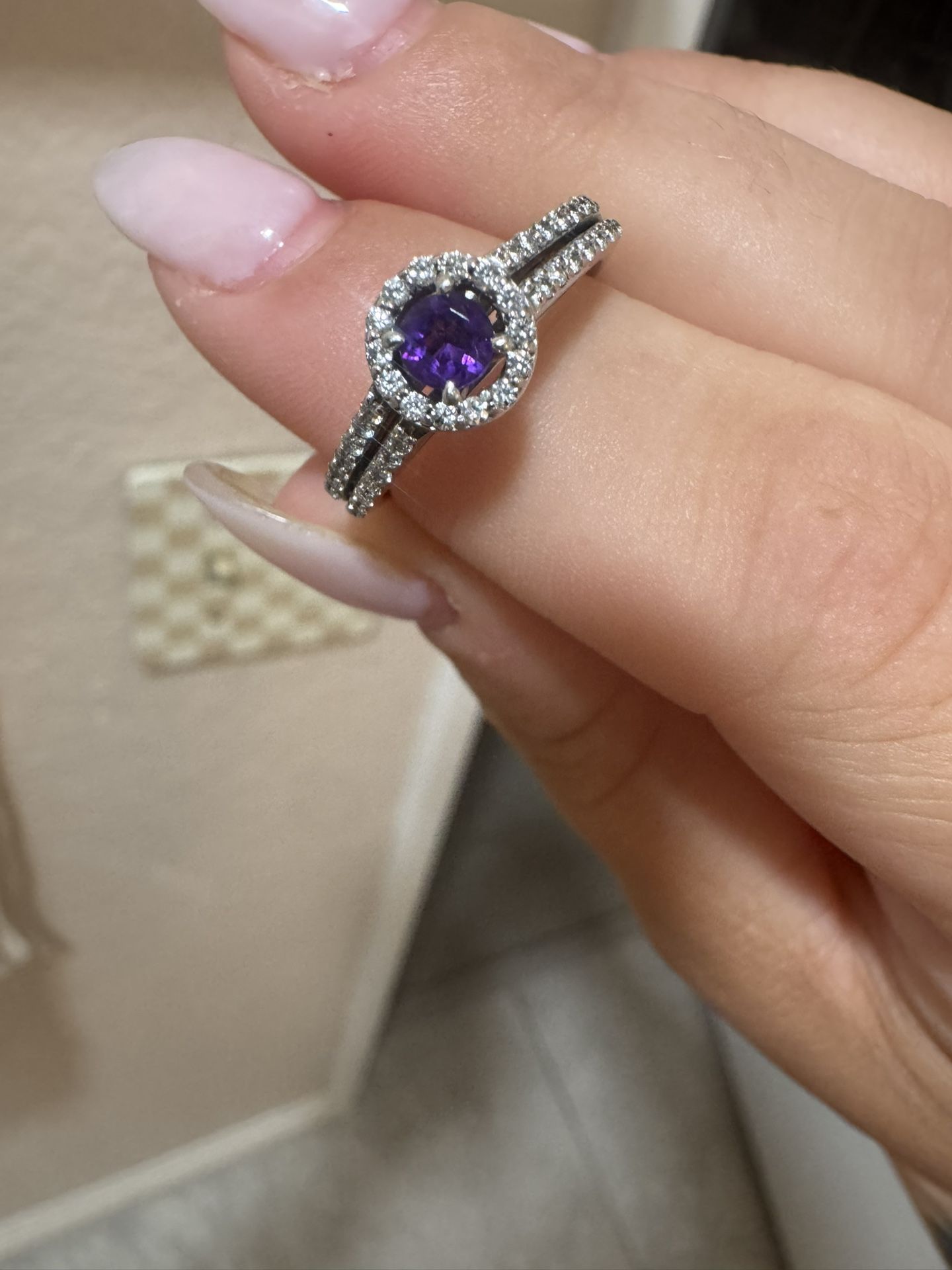 14k White Gold Amethyst Ring With Real Diamonds