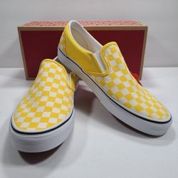 Vans Classic Slip-On Cyber Yellow White Checkerboard Sneakers Men Size 11