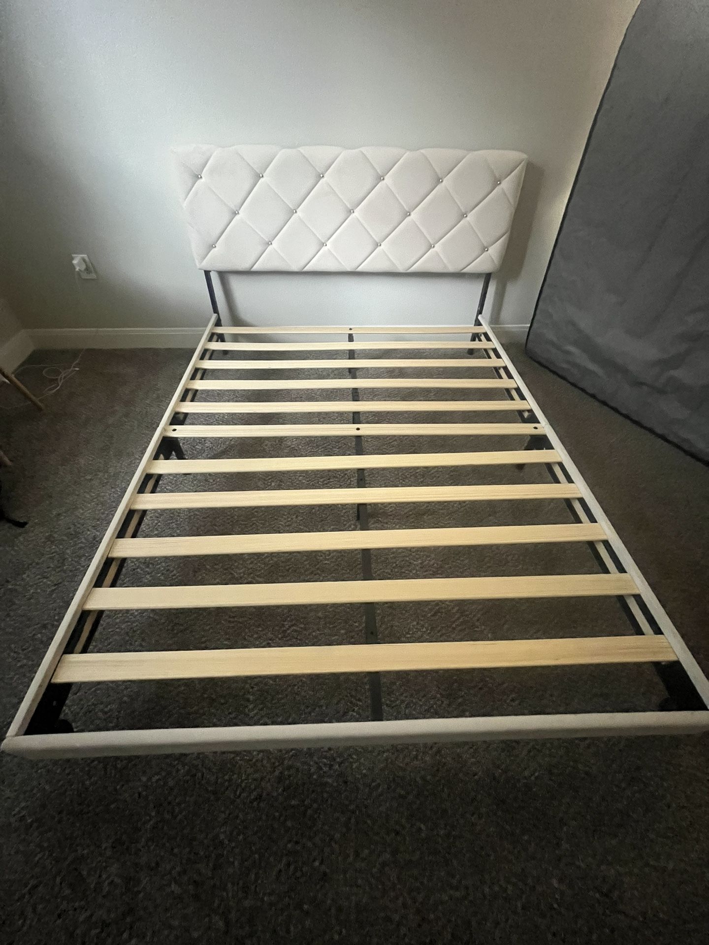 Beige Suede Bed Frame with Gold Button Details