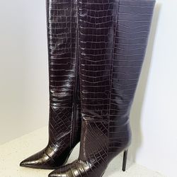 New Burgundy Plum Knee High Croc Stiletto Boot Size 8