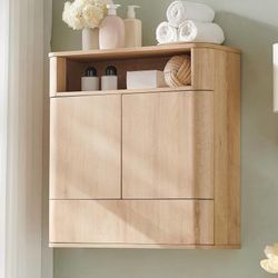 Modern Medicine Cabinet w/Adjustable Shelf, Sliding Drawer & Magnetic Push Latch, Above Toilet Wall Mounted Hanging Storage Cabinet for Bathroom, Natu