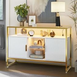 47" LED Coffee Bar Cabinet - Modern, with Power Outlet & Glass Shelves
