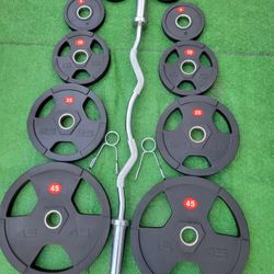 WEIGHTS SET AND 4FT CURLED BARBELL 