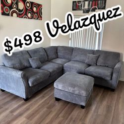 ✅️✅️ 4pc dark Grey corduroy fabric sectional sofa with rounded arms and ottoman ✅️✅️