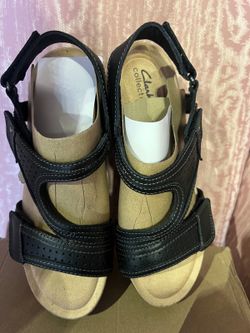 Clarks Calenne Carmen Leather Wedge Sandals Black Size 8.5 M NIB (contact info removed)9