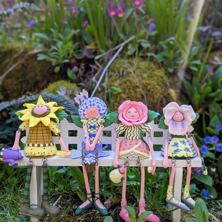 4 Anthropomorphic Clay flower Garden Girls Shelf Sitters Dangling Legs