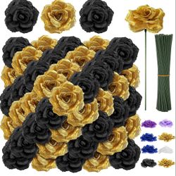 108pcs Roses Head Flowers With Stem - Black & Gold Graduation Artificial Flowers Rose Bulk - Silk Rose Fake Flower For Wedding Bouquet Decor DIY Baby 