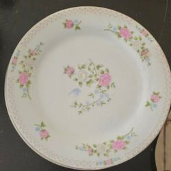 Vintage Floral Dinner Plates Birds Cottage Country 