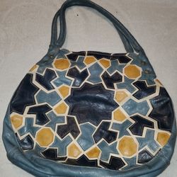 Unique Custom Kalidascope Blue Leather Handbag Purse Multi Pattern 