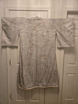 Antique Edwardian Wedding Kimono Blue Silk Pink Cherry Blossoms Embroidery