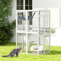 Catio Outdoor Cat Enclosure Window Access, Wooden Cat House Cage Indoor， White
