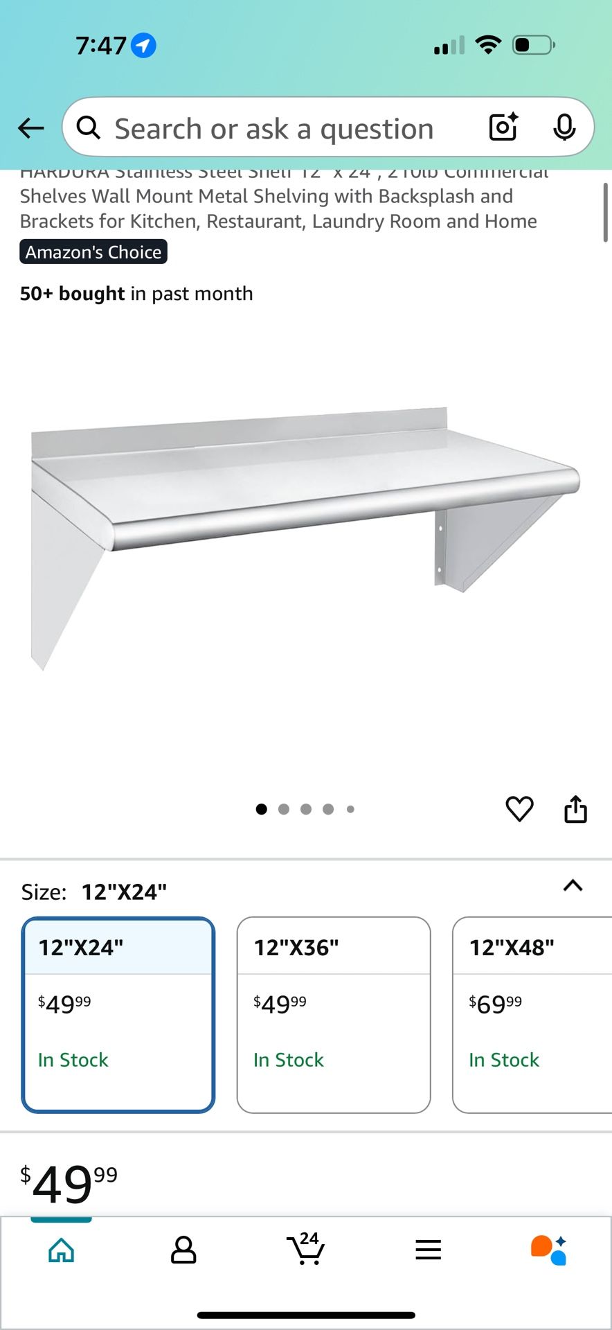 Stainless Steel Shelf 12" x 24", 210lb Commercial Shelves Wall Mount Metal Shelving with Backsplash and Brackets for Kitchen, Restaurant, Laundry Room