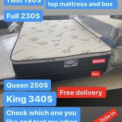 Huge sale for Mattress And Box Twin size mattress and box 150.$ full 190$ Queen 200$ king 290$. free delivery free set up 708….280….7715… cash or Zell