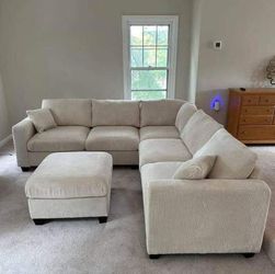 Modern Ivory Corduroy Sectional Sofa - 4 Piece L-Shaped Corner Couch with Ottoman