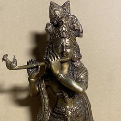 Lord Krishna Playing peacock Flute Brass Statue -  24 in tall 8 inches wide 16lbs