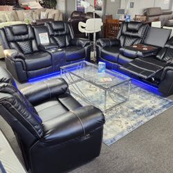 Power Reclining Sofa Set With Blutooth Speaker And LED Lights 