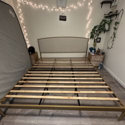 King Size Upholstered Platform Bed – Gold Frame