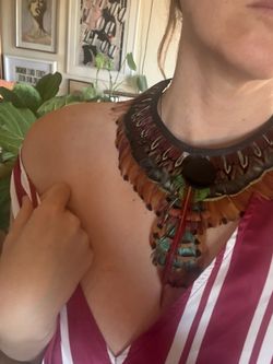 New pheasant bob collar one of a kind Boho onyx and Feather Statement Necklace