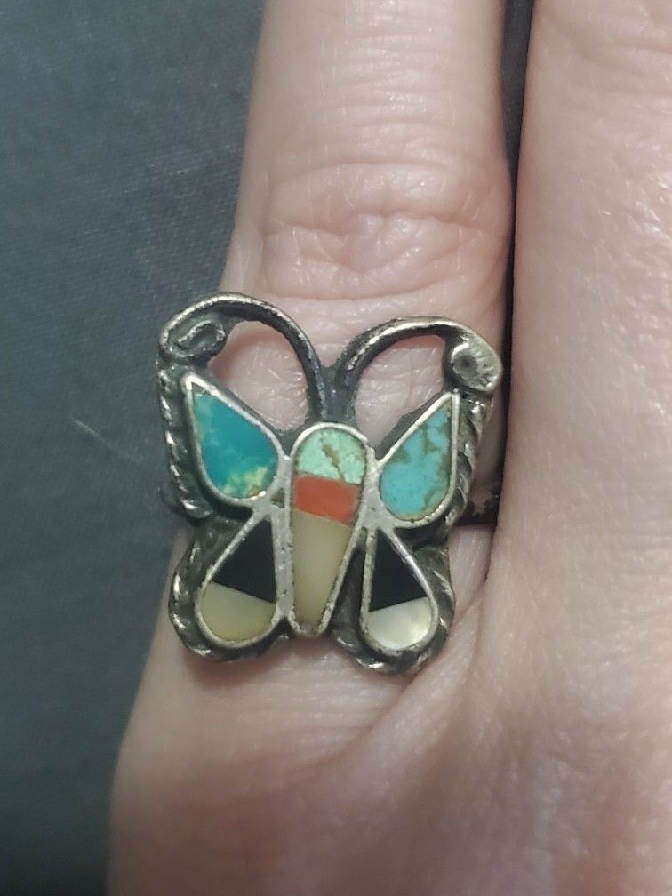 Vintage Sterling Silver Butterfly Ring With Onyx Turquoise Mother Of Pearl