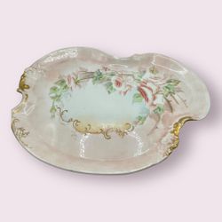 WG & Co Limoges France Vintage Hand Painted Assymetrical Pink Roses Plate Tray