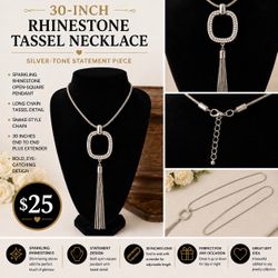30-Inch Silver-Tone Rhinestone Tassel Statement Necklace