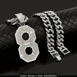 Hip Hop Lucky Number 8 Rhinestones Kobe Pendant Necklace With Cuban Chain, Punk Unisex Jewelry Necklace Party Accessories
